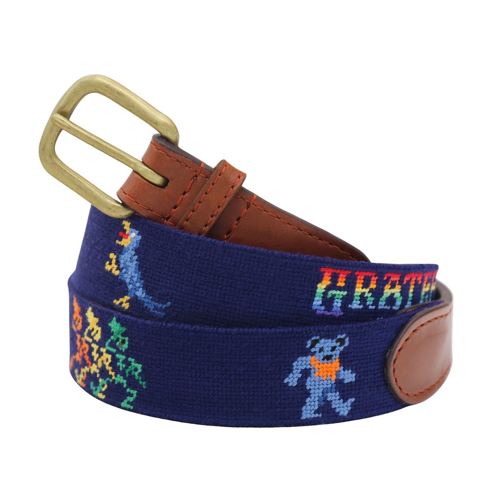 Men's Blue Needlepoint Belt with Brass Buckle